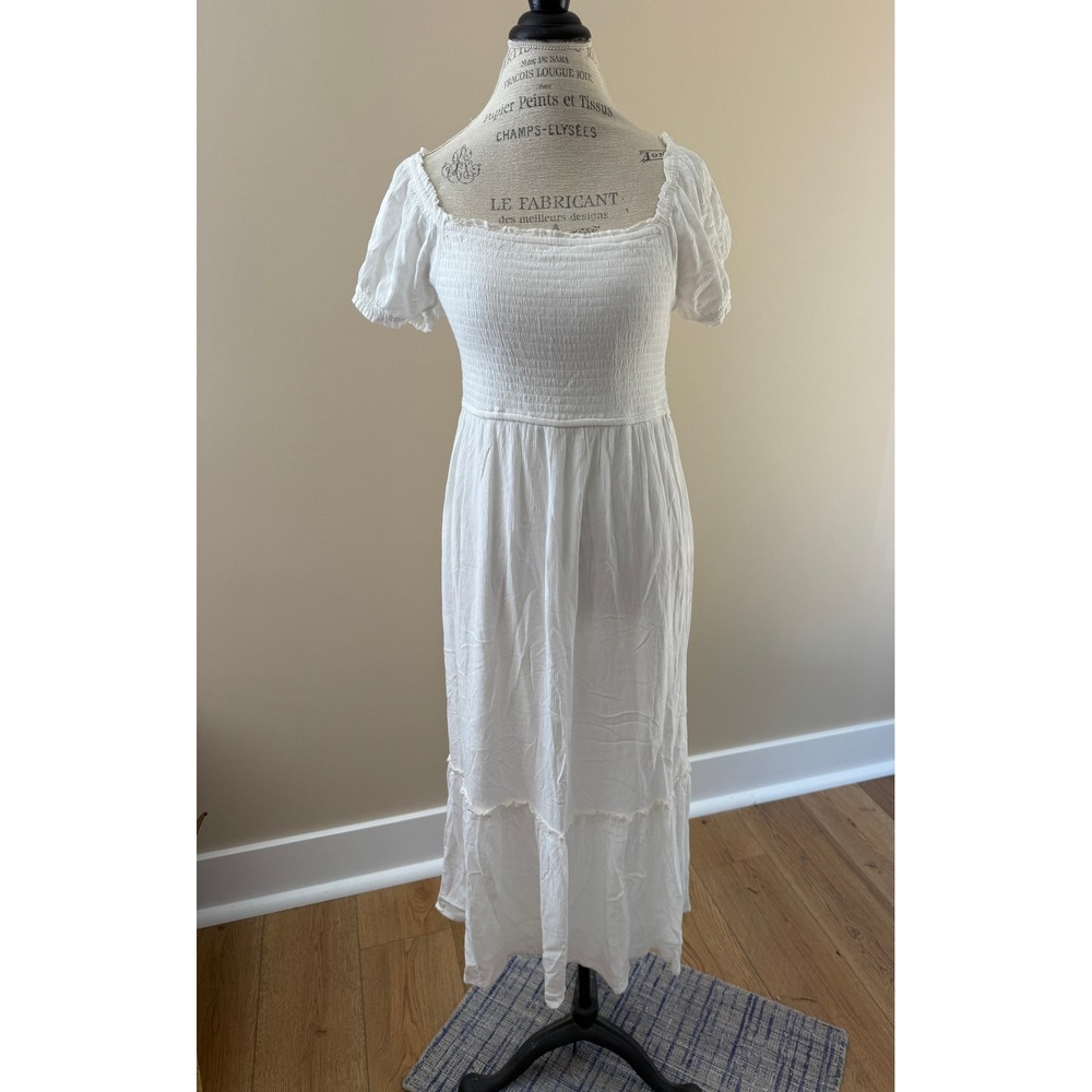 Aeropostale White Smocked Maxi Dress Short Sleeve Tiered Summer Sundress